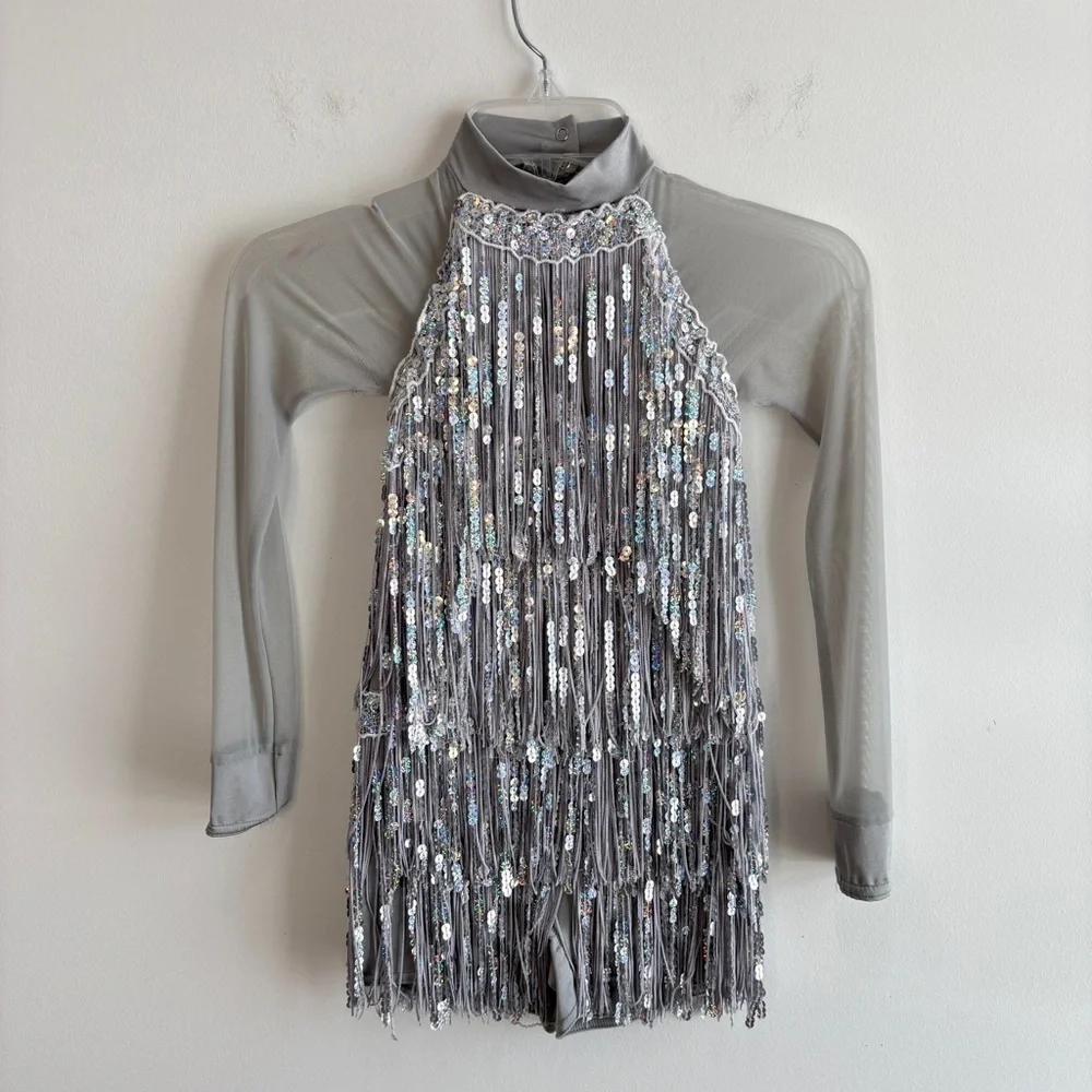 Weissman Silver Fringe Sequined Dance Skating Dress Costume size MC Flapper Tap